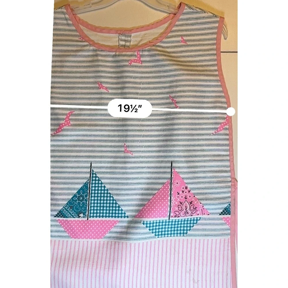 Vintage Handmade Sailboat Apron Pink Blue Striped Nautical‎ Kitchen Cooking